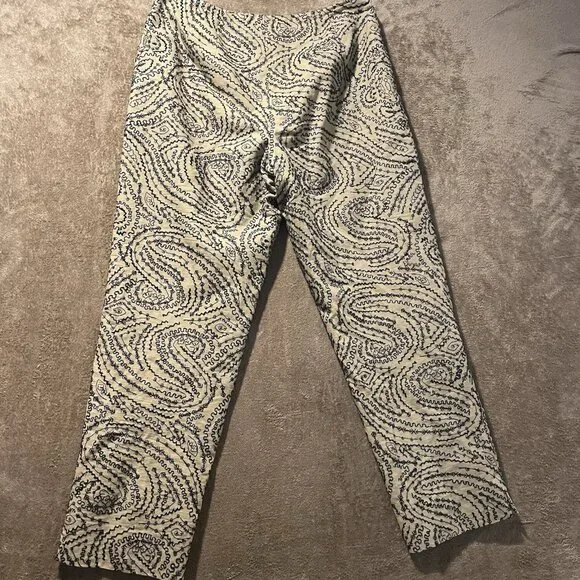 Talbots Pants Womens 10 Linen Tan Black Embroidered Design Cropped Ankle High - Picture 3 of 8